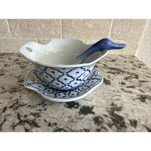 Unique Blue And White Sugar/Creamer Set With Duck Shaped Spoon